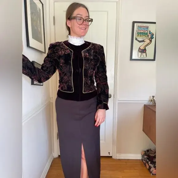 90s Vintage Velvet Leaf Patterned Blazer w Gold Piping - Picture 2 of 9